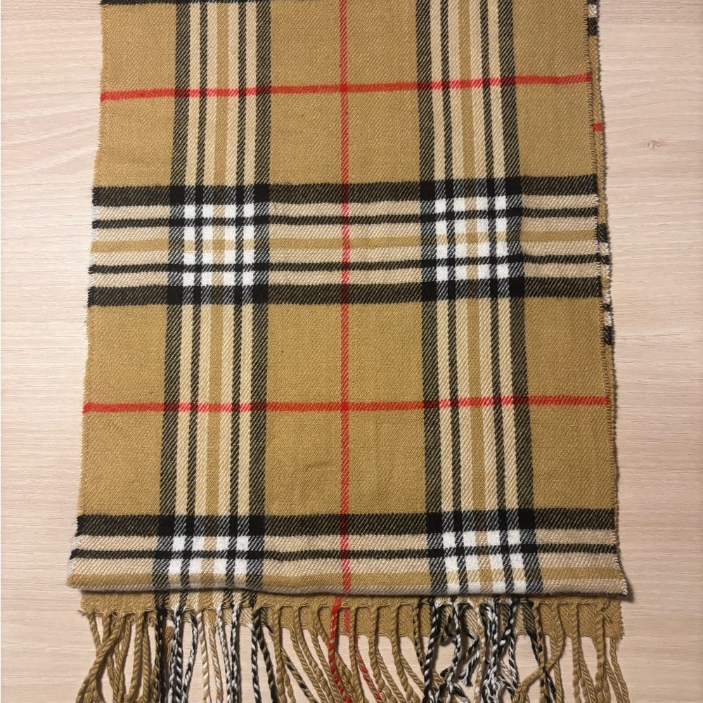Plaid Fringe Scarf in Tan and Red